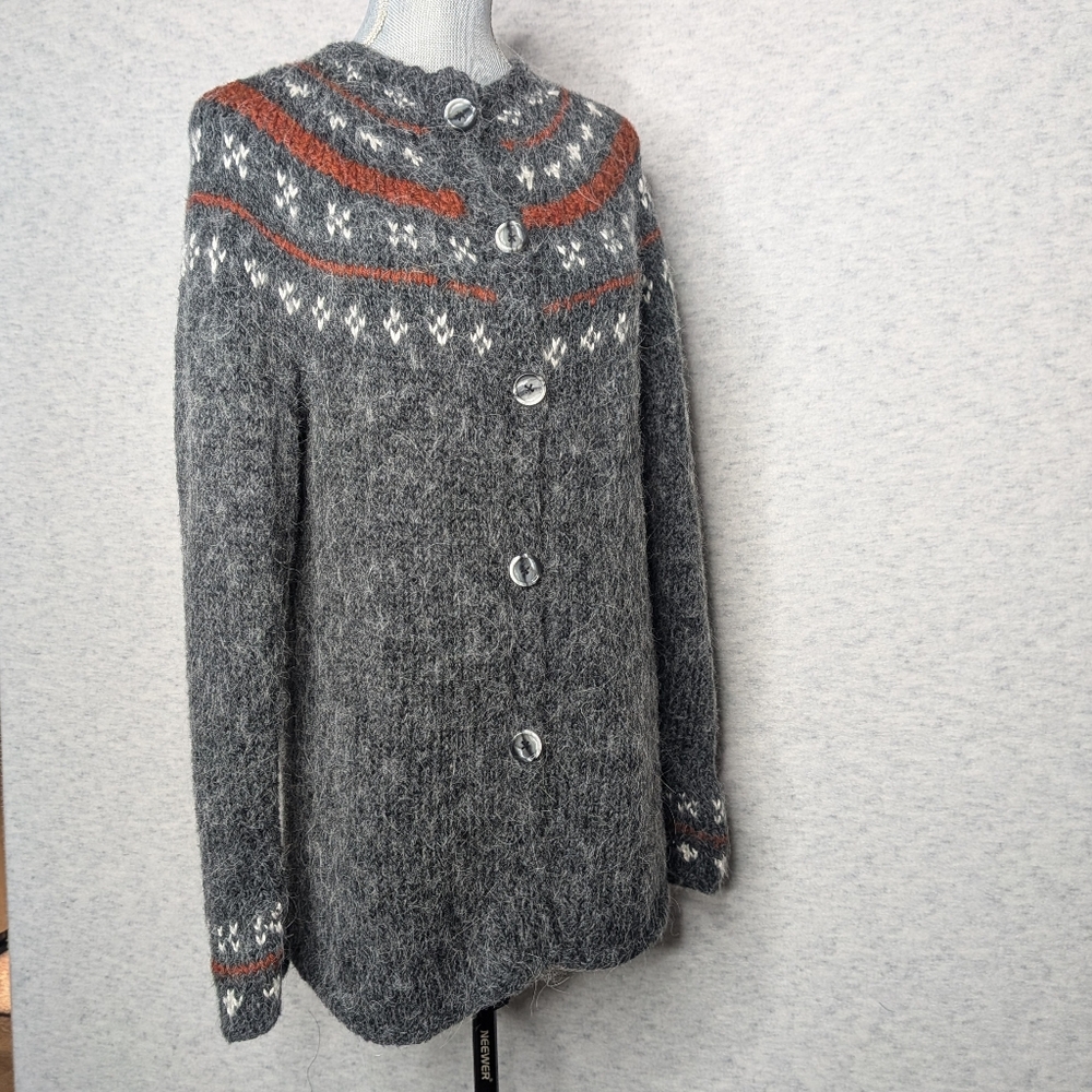Hand Knit Alpaca Blend Cardigan Gray Nordic Fair Isle Button Front Sz S/M
